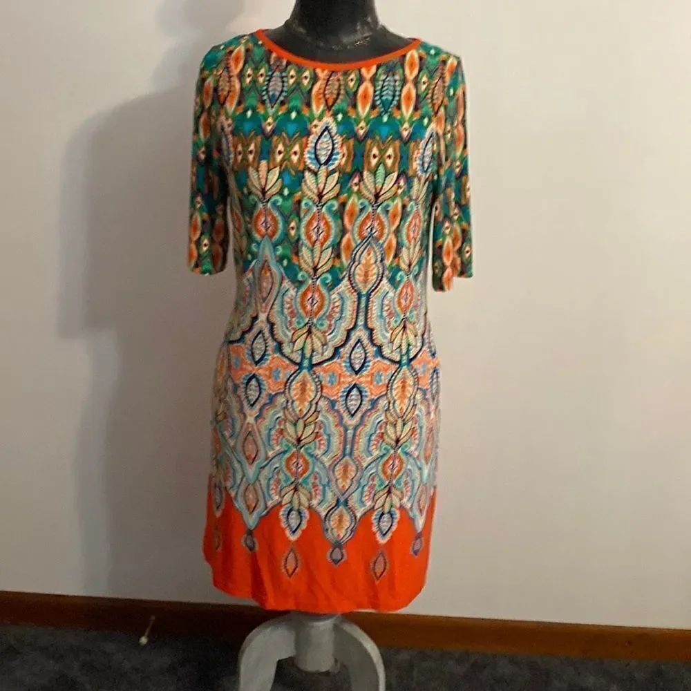 Eliza J. Paisley Bold Boho Medallion Orange & Green dress, size 8